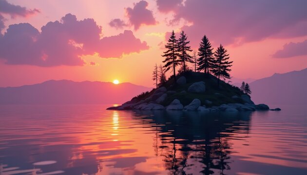 Tranquil sunset over serene island nature landscape calm water reflection peaceful environment scenic view - Powered by Adobe