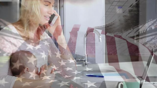 Mother picking phone and managing work call while nursing daughter with animated call timer