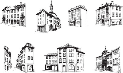 Set of city buildings. Line urban backdrop, different buildings on street, doodle street draw, outline cityscape hand sketch, flat houses. Hand drawn vector illustration