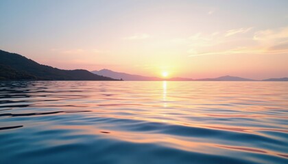 Fototapeta premium Sunset reflection over calm waters serene landscape nature photography tranquil environment wide-angle view