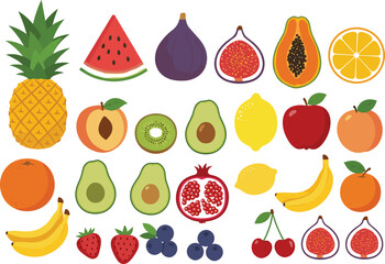 Colorful fresh fruit collection, tropical fruit illustration set, healthy food clipart, summer fruit vector, organic fruit flat design