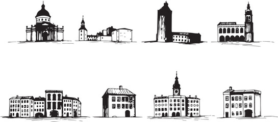 Obraz premium Set of city buildings. Line urban backdrop, different buildings on street, doodle street draw, outline cityscape hand sketch, flat houses. Hand drawn vector illustration