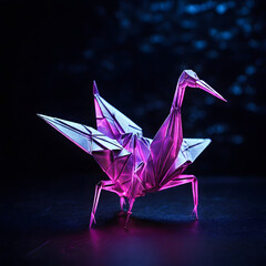 Neon Origami Crane on Black Surface – Cyberpunk Paper Art in 4K