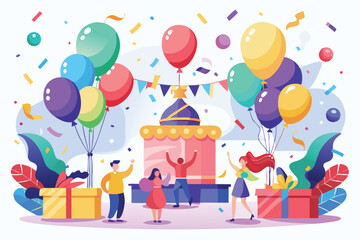 Happy birthday party with colorful balloons, gifts, and fun decorations for a joyful children's celebration