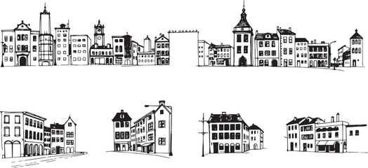 Set of city buildings. Line urban backdrop, different buildings on street, doodle street draw, outline cityscape hand sketch, flat houses. Hand drawn vector illustration