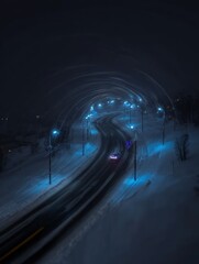 A winter night road, blue light trails