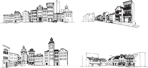 Obraz premium Set of city buildings. Line urban backdrop, different buildings on street, doodle street draw, outline cityscape hand sketch, flat houses. Hand drawn vector illustration