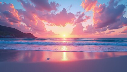 Obraz premium Sunset reflection over calm ocean waters tropical beach landscape photography serene environment wide angle view