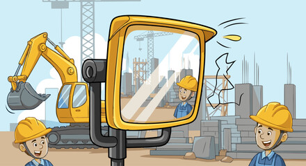 Construction Site Cartoon with Excavator, Workers, and Safety Mirror Reflection