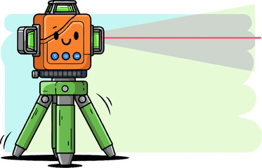 Cute Cartoon Laser Level on Tripod with Friendly Expression