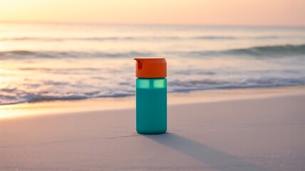 A refreshing water bottle on a sandy beach at sunset symbolizing hydration and outdoor activities in summer.