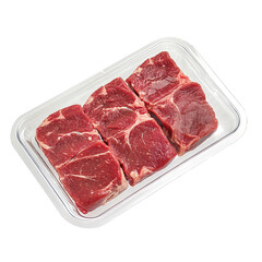 Blank transparent plastic tray with beef mockup, top view isolated on transparent background