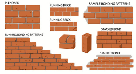 Detailed Illustrations of Various Bricklaying Patterns and Bond Styles.