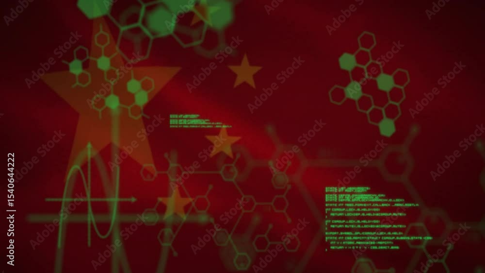 Poster at one-second code fading growing moving merging over chinese flag with hexagons to demo code