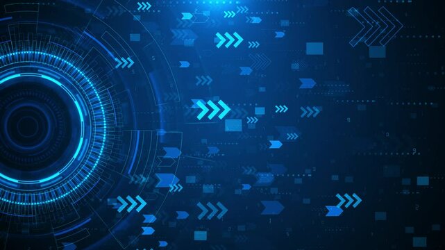 Futuristic Circle HUD head-up display interface moving arrow for data networking, circle HUD virtual display interface Technology animation, background for video intro, science fiction and hi-tech - Powered by Adobe