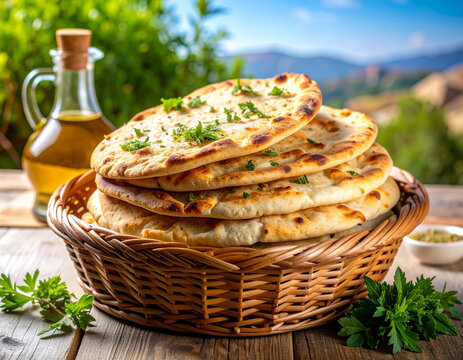 Freshly baked Jordanian shrak bread stacked neatly in a basket surrounded by olive oil and za�atar.