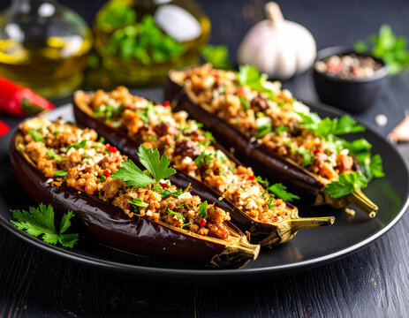 Jordanian makdous eggplant dish stuffed with walnuts and garlic, garnished with olive oil and peppers.