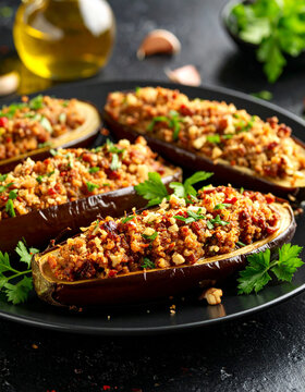 Jordanian makdous eggplant dish stuffed with walnuts and garlic, garnished with olive oil and peppers.