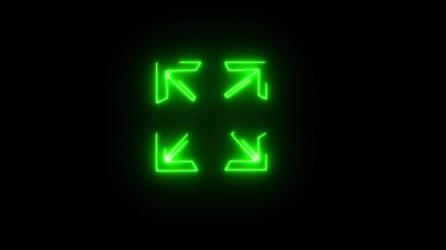 Glowiing neon directional arrow .Arrows of four directions, linear icon. Green neon style on black background. Light icon