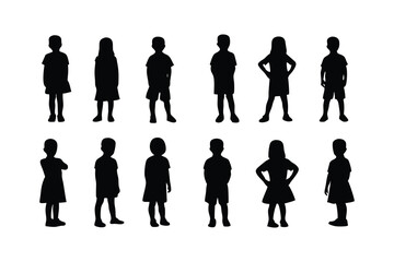 Silhouettes of Children Standing and Playing in Various Poses on White Background