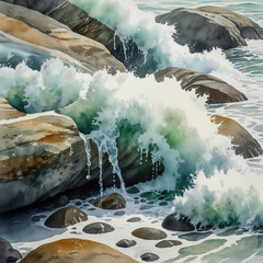 Close-up watercolor of seafoam collecting on the edge of a slick tide-washed rock during rain, fine bubbles interlaced with sea spray and mist