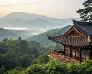 Fototapeta premium temple, pagoda, mountains, East Asia, architecture, serene, tranquil, nature, cultural, spiritual, misty, forest, traditional, landscape, historic, travel, Asia, Buddhist, sacred, retreat, peaceful, g