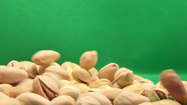 Video footage in slow motion, A pile of roasted and salted pistachios against a green background, revealing their naturally cracked shells and vibrant green interiors&mdash; irresistible, high-protein snack