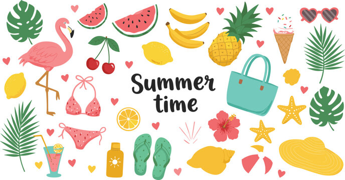 Summer beach illustration with tropical fruits, flamingo, bikini, flip flops, ice cream, vacation elements, palm leaves, fun holiday vibes