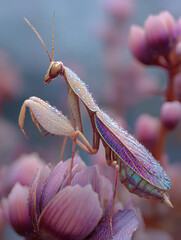 Ultimate camouflaged animal, praying mantis, blends perfectly with dew covered flowers in serene natural setting