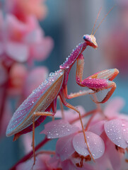 Ultimate camouflaged animal is pink praying mantis covered in water droplets blending beautifully with soft pink flowers in background