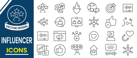 Influencer icon set design. Influencer related line icons such as  audience, blogger, creator, marketing, celebrity, and more. Vector illustration.