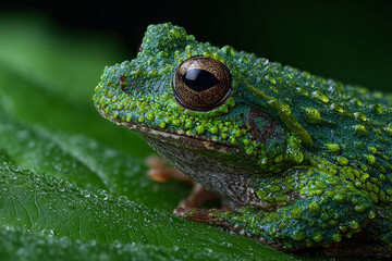 Vietnamese mossy frog : Ultimate close up of camouflaged animal shows green frog blending perfectly with leaf, highlighting beauty of natural world