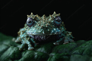 Vietnamese mossy frog : Ultimate camouflaged animal blends perfectly with textured leaf, showcasing nature intricate design and survival beauty in this close up image