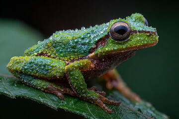 Vietnamese mossy frog : Ultimate close up of camouflaged animal shows green frog covered in water droplets blending perfectly with leaf in natural setting