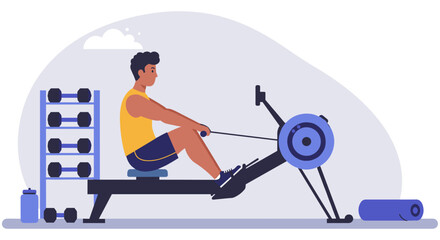 Flat vector of a male athlete rowing on a machine