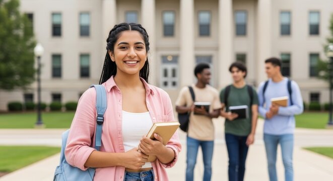Happy college student on campus, ready for classes. Diverse group of students in the background.