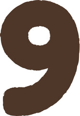 Textured brown number nine (9) with jagged edges on transparent background.