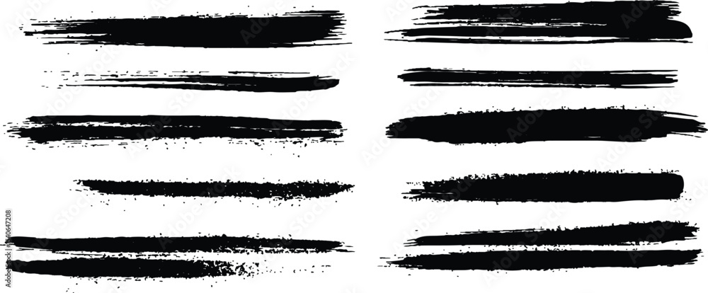 Poster horizontal black brush lines of differing thicknesses, isolated on a white background. set of grunge