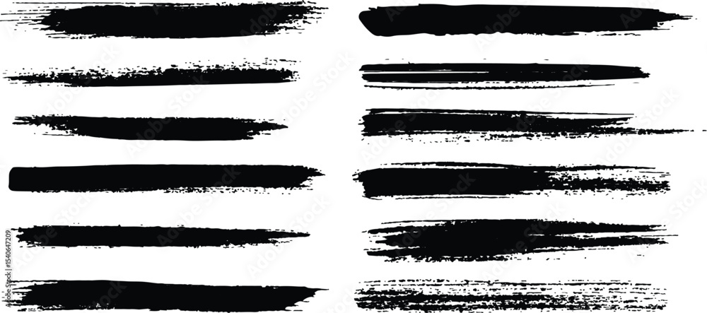 Poster horizontal black brush lines of differing thicknesses, isolated on a white background. set of grunge