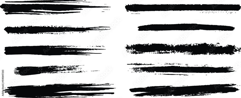 Poster horizontal black brush lines of differing thicknesses, isolated on a white background. set of grunge
