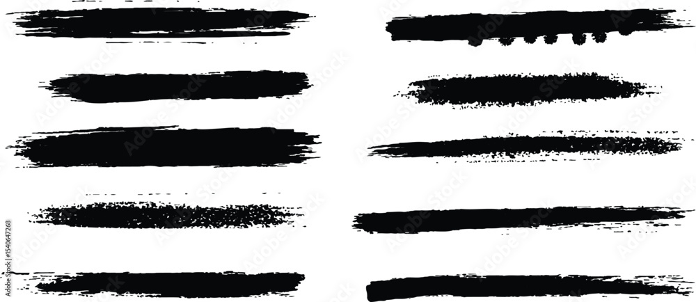 Poster horizontal black brush lines of differing thicknesses, isolated on a white background. set of grunge