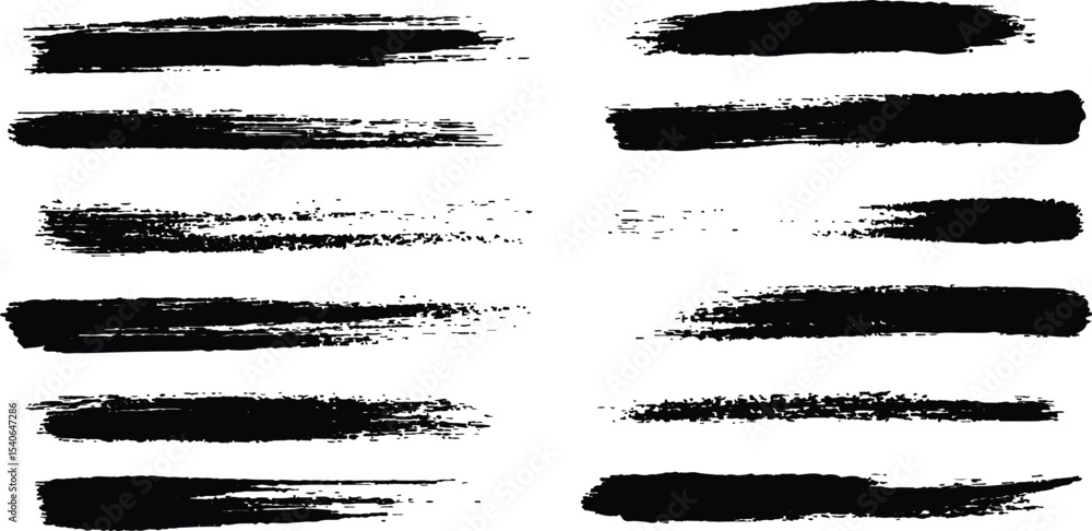 Poster horizontal black brush lines of differing thicknesses, isolated on a white background. set of grunge