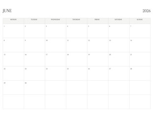 JUNE 2026 Letter Size MONDAY Week Start Monthly Calendar, Minimalist Printable Calendar