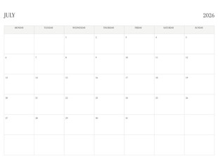 JULY 2026 Letter Size MONDAY Week Start Monthly Calendar, Minimalist Printable Calendar