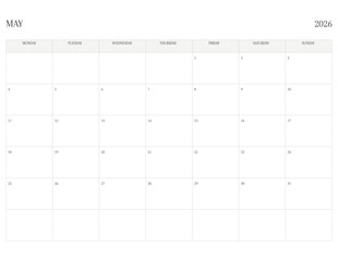 MAY 2026 Letter Size MONDAY Week Start Monthly Calendar, Minimalist Printable Calendar
