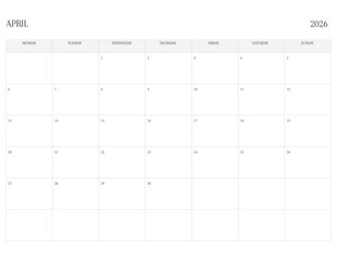 APRIL 2026 Letter Size MONDAY Week Start Monthly Calendar, Minimalist Printable Calendar