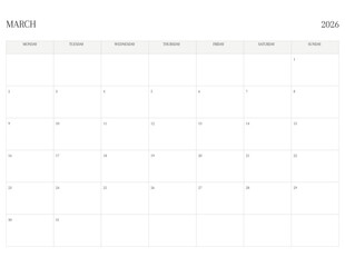 MARCH 2026 Letter Size MONDAY Week Start Monthly Calendar, Minimalist Printable Calendar
