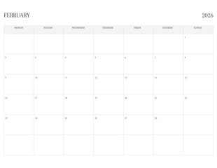FEBRUARY 2026 Letter Size MONDAY Week Start Monthly Calendar, Minimalist Printable Calendar