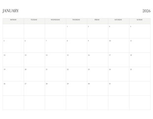 JANUARY 2026 Letter Size MONDAY Week Start Monthly Calendar, Minimalist Printable Calendar