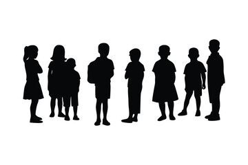 Silhouettes of Children Standing and Playing in Various Poses on White Background